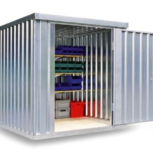 Contenedor de materiales MC 1200, galvanizado, desmontado, con suelo de madera, 2100 x 2170 x 2150 mm, puerta de un batiente en el lado de 2 m