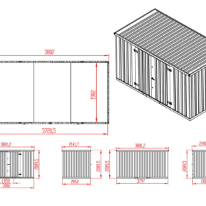 Contenedor de materiales MC4, galvanizado, Al. 2090 × An. 2142 × Pr. 3882 mm, puerta lateral de dos hojas