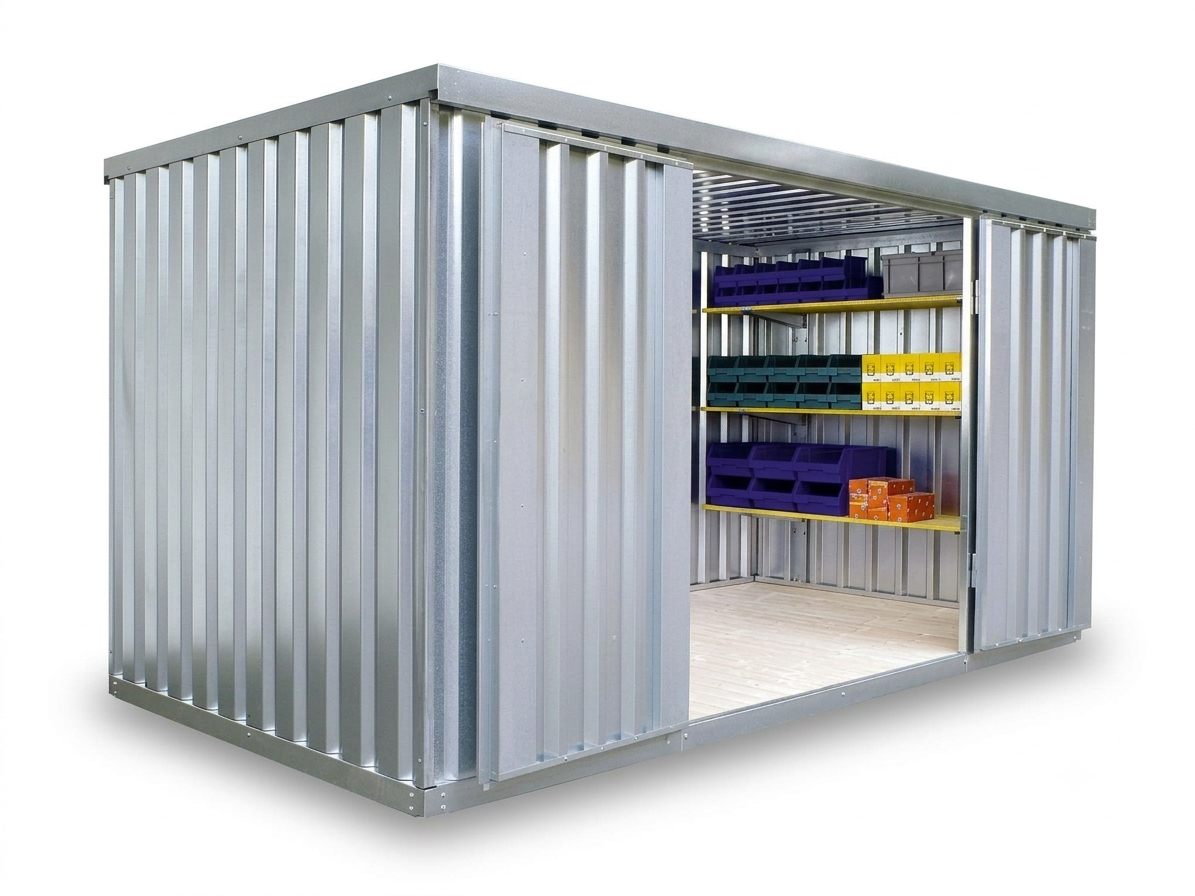 Contenedor de materiales MC 1400, galvanizado, desmontado, con suelo de madera, 4050 × 2170 × 2150 mm, puerta de una hoja en el lateral de 4 m