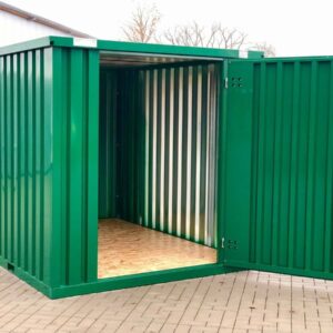 Contenedor de materiales MC3, lacado en RAL 6005 verde musgo, Al. 2090 × An. 2142 × Pr. 2950 mm, puerta frontal de una hoja