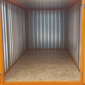 Contenedor de materiales MC4, lacContenedor de materiales MC4, lacado en RAL 2011 naranja intenso, Al. 2090 × An. 2142 × Pr. 3882 mm, puerta frontal de dos hojasado RAL 2011 naranja oscuro, A 2090 x An 2142 x P 3882 mm, puerta frontal de dos batientes