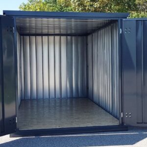 Contenedor de materiales MC4, lacado en RAL 7016 gris antracita, Al. 2090 × An. 2142 × Pr. 3882 mm, puerta frontal de dos hojas