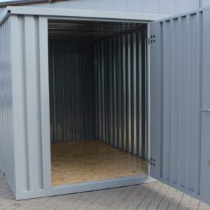 Contenedor de materiales MC4, lacado en RAL 7040 gris ventana, Al. 2090 × An. 2142 × Pr. 3882 mm, puerta frontal de una hoja