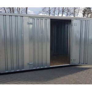 Contenedor de materiales MC4, galvanizado, Al. 2090 × An. 2142 × Pr. 3882 mm, puerta lateral de dos hojas